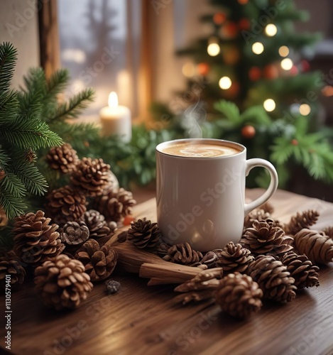 Cozy Christmas setup with fir branches, cones, and a steaming cup of coffee in a warm atmosphere, conifers, wrapping paper