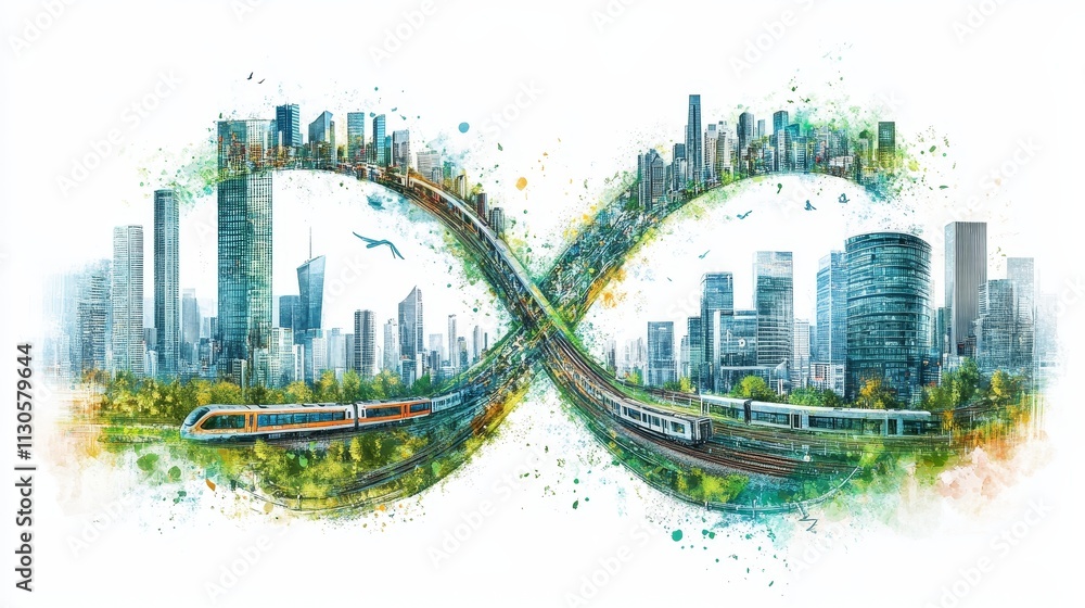 Obraz premium Infinite symbol vector art illustration that combines urban landscape with business people. Cities, high-rise buildings, green spaces, and trains are connected through harmonious design