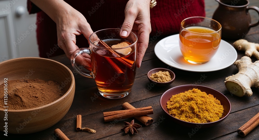 Fototapeta premium Preparing symbolic tea blends with cinnamon ginger and honey for warmth