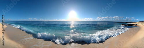 Ocean Wave Crashing on Sandy Beach at Sunset, Idyllic Tropical Seascape, Vivid Colors, Bright Sunlight