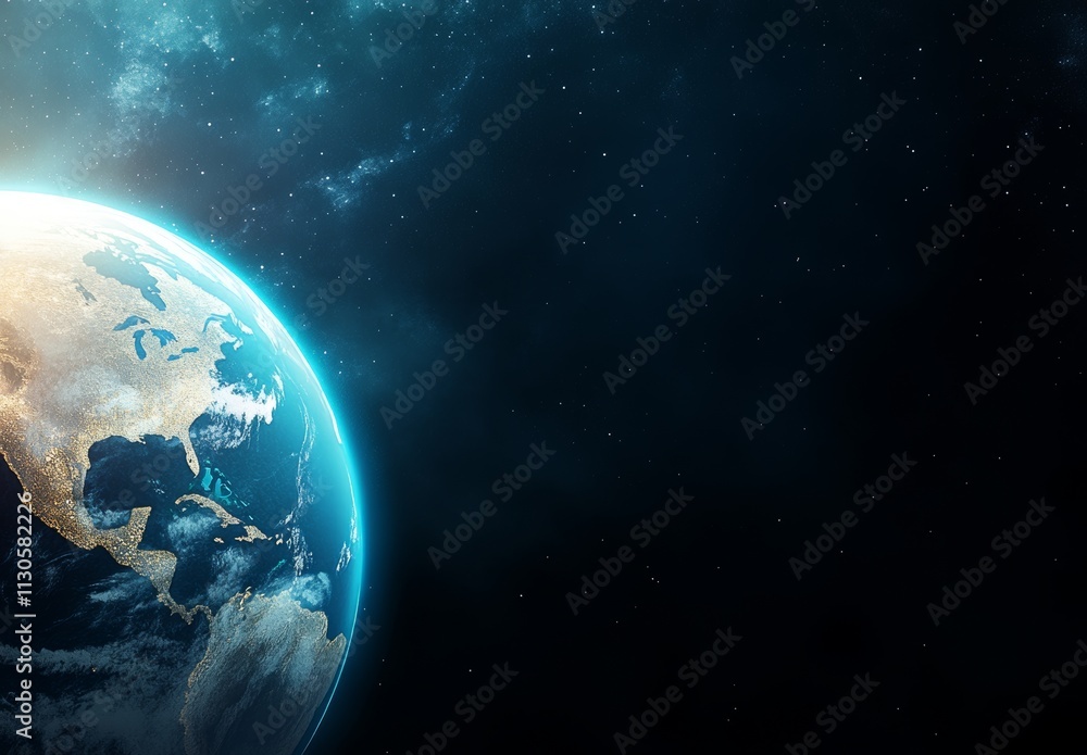 Fototapeta premium Abstract Digital Planet Earth with Glowing Lights on Dark Background, Global Network and Connectivity Concept
