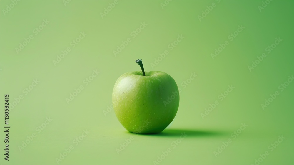 A solitary green apple on a solid lime green background.