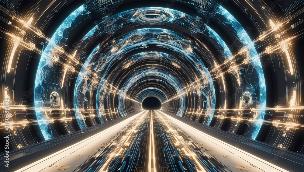 Naklejka premium Cosmic Passage: A mesmerizing journey into the unknown. Glowing orbs and vibrant energy illuminate a futuristic tunnel, beckoning the viewer to explore the vast expanse of the cosmos. 