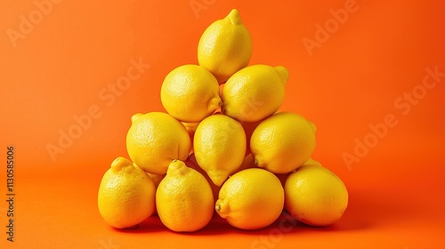 A stack of lemons arranged in a pyramid shape on a solid orange background.
