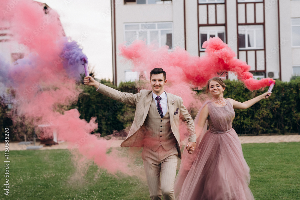 bride in lavender dress and groom on green meadow