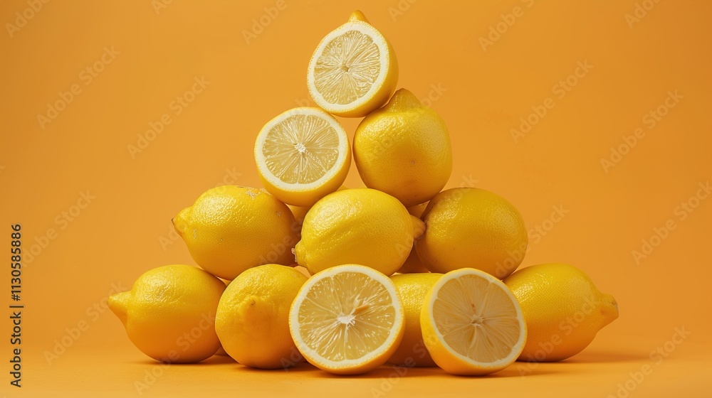 A stack of lemons arranged in a pyramid shape on a solid orange background.