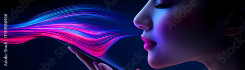 Abstract Digital Art, Woman Interacts with Vibrant, Flowing Neon Energy from Smartphone Screen, Creating a Surreal and Futuristic Scene