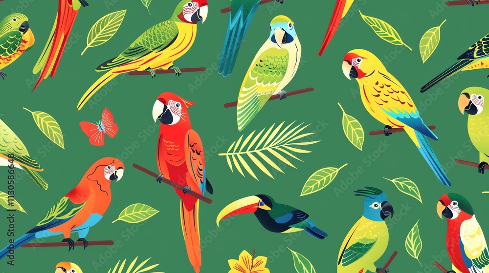 Obraz premium Seamless pattern of colorful parrots and tropical leaves.