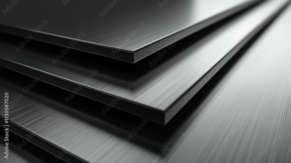 A stack of steel plates with smooth surfaces on a solid gray background.