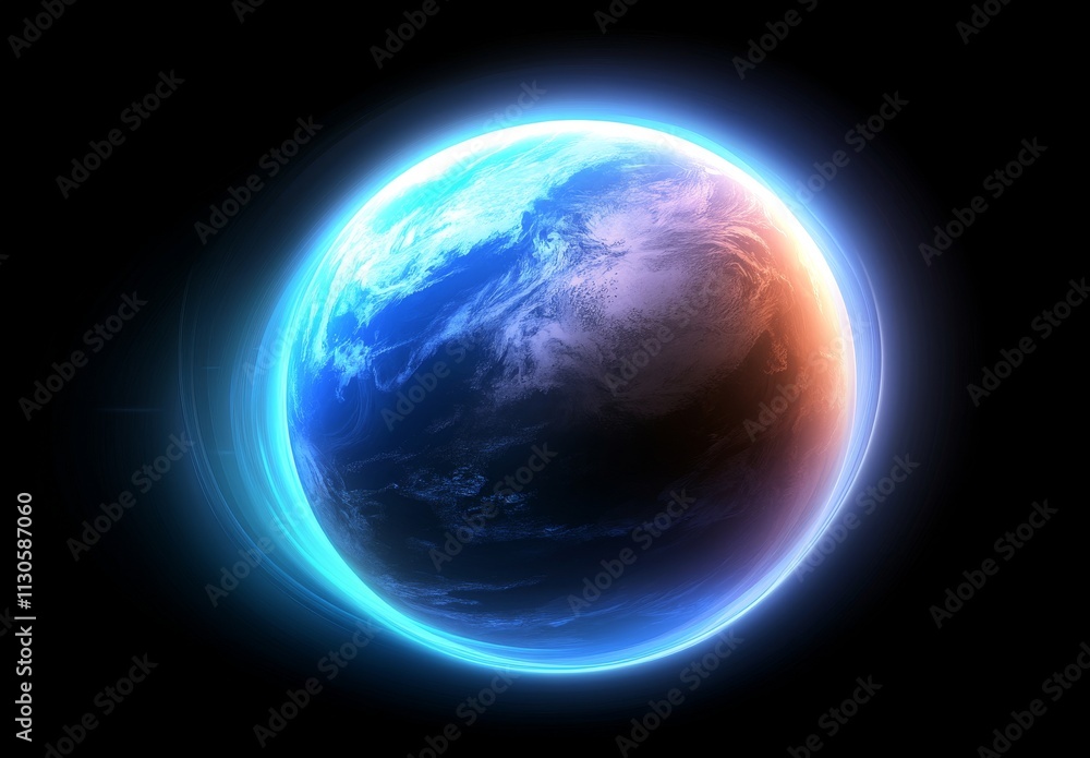 Fototapeta premium Abstract Digital Blue Glowing Planet Earth with Futuristic Network Connection and Data Transfer Concept