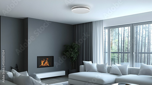 Wallpaper Mural Modern Living Room Interior Design with Cozy Fireplace and Stylish Ceiling Fan, Creating a Serene and Relaxing Atmosphere. Torontodigital.ca