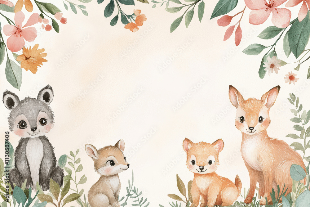 Naklejka premium Adorable Baby Animal Greeting Card Template for Baby Shower Messages