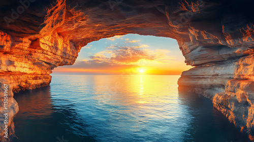 Seascape Sunset, Golden Hour View from a Coastal Cave