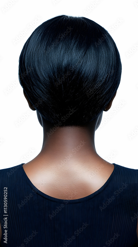 Fototapeta premium Elegant Woman's Short, Dark Hair, Back View, Stylish Bob Hairstyle, Smooth Texture, Dark Clothing, Studio Shot