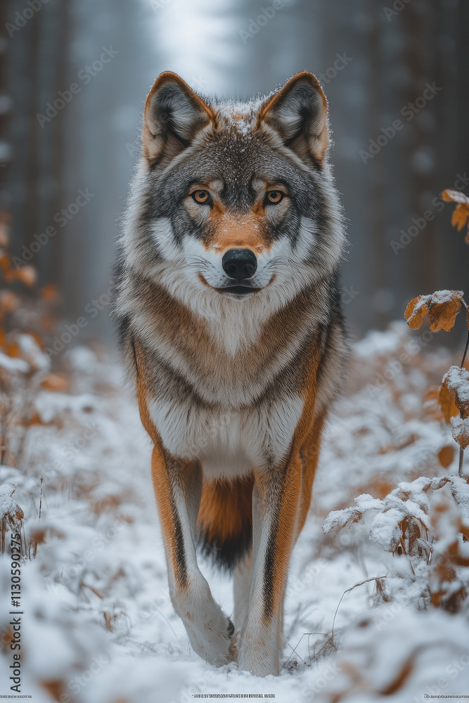 Fototapeta premium Majestic wolf in a snow-covered forest.