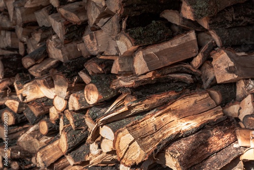 Stacked Firewood Close-Up with Sunlight on Wooden Logs – Rustic Natural Texture