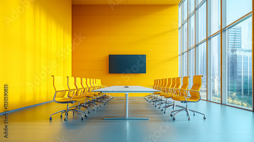 Modern Yellow Office Conference Room with City View
