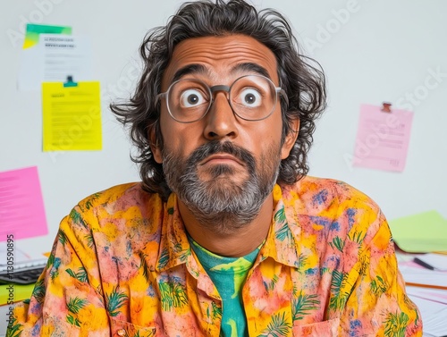 A man with glasses and a beard sitting at a desk photo