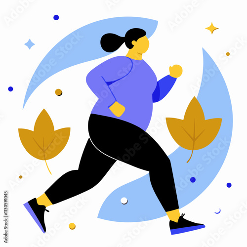 A plus-size woman jogging outdoors against the backdrop of nature, promoting body positivity, health and fitness.Vector color flat illustration for websites and blogs about sports and healthy lifestyl