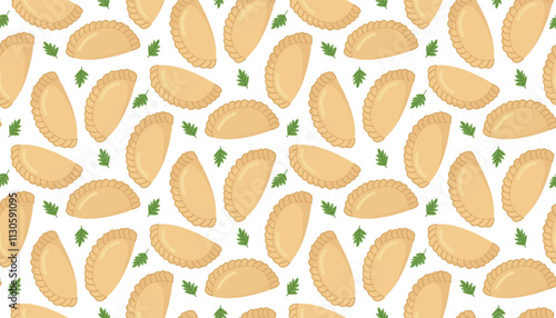 Seamless cute background with traditional Ukrainian dish varenyky and green parsley leaves. Flat pattern with national food of Ukraine	