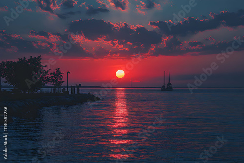 Fiery Sunset over Calm Water with Silhouetted Sailboat