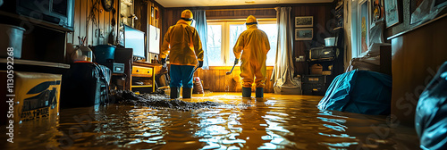 Flood Damage, Two Figures in Yellow Suits Assess Waterlogged Home Interior