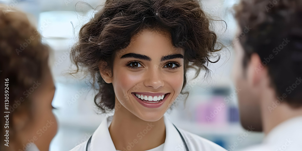 Fototapeta premium Smiling Female Doctor Interacts with Patients, Providing Healthcare and Compassionate Care in Clinic