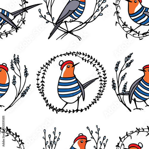 Vector seamless pattern with hand drawn cute robins in traditional parisian berets in floral wreath. Ink drawing, funny illustration,  beautiful animal design elements.