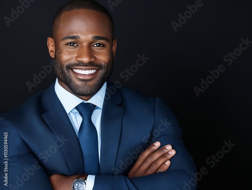 A man in a blue suit and tie with his arms crossed photo