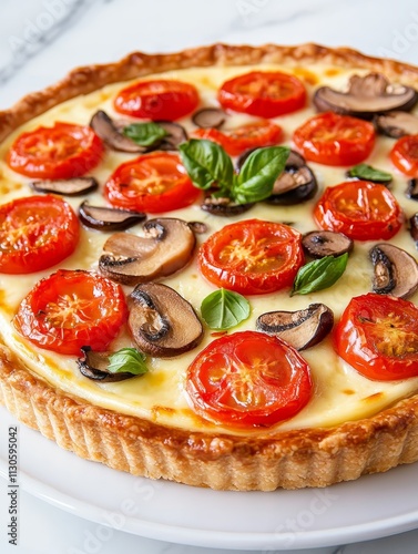 Savory French Mushroom and Tomato Tart - A delicious savory French tart filled with creamy custard, earthy mushrooms, and juicy tomatoes.  A perfect appetizer or light meal, symbolizing comfort, flavo photo