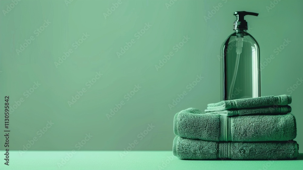 A stylish water bottle and a set of gym towels on a solid green background.