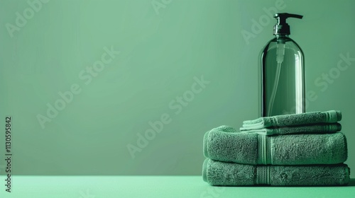 Obraz na płótnie A stylish water bottle and a set of gym towels on a solid green background. w salonie