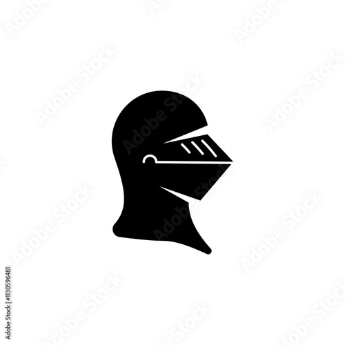 A minimalistic black vector icon of a medieval knight helmet, symbolizing chivalry, armor, protection, and battle traditions in antique warfare.