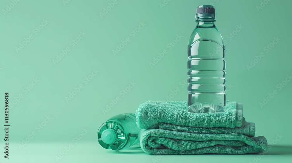 A stylish water bottle and a set of gym towels on a solid green background.