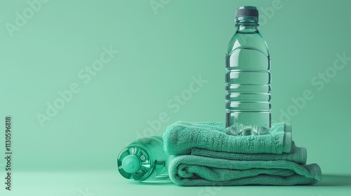 Obraz na płótnie A stylish water bottle and a set of gym towels on a solid green background. w salonie