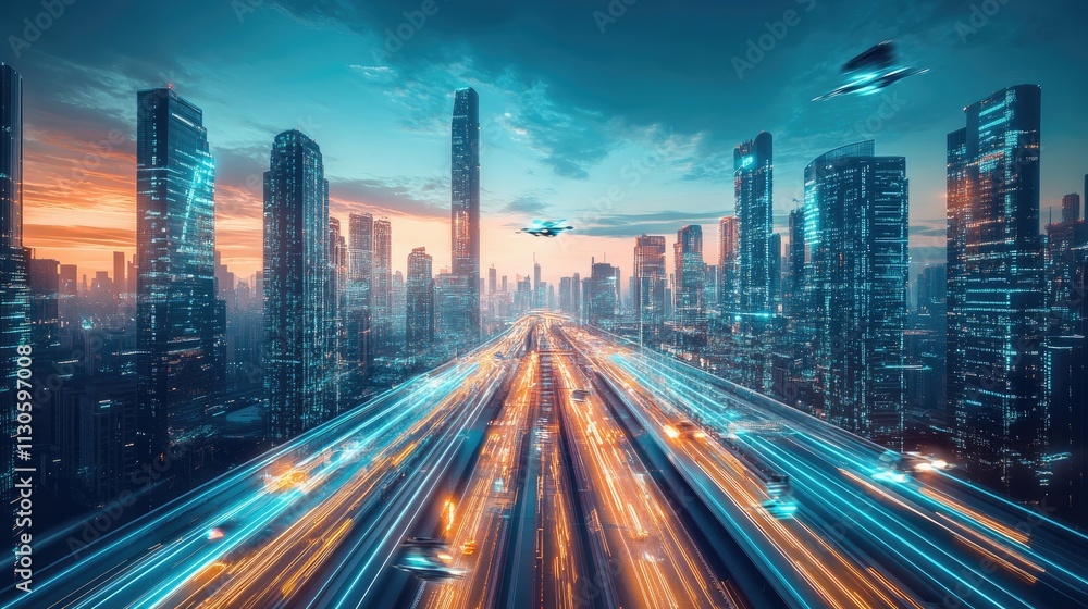 Fototapeta premium A futuristic cityscape with glowing highways and flying vehicles at sunset.
