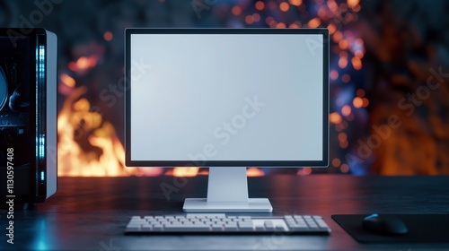 Pc display mockup against burning flame background. Modern gaming computer equipment template advertising image. Workstation monitor on desk mock up product photorealistic