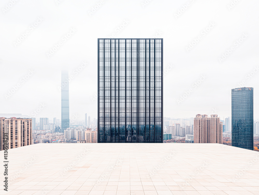 Fototapeta premium A tall building with a glass facade is seen in the background of a city