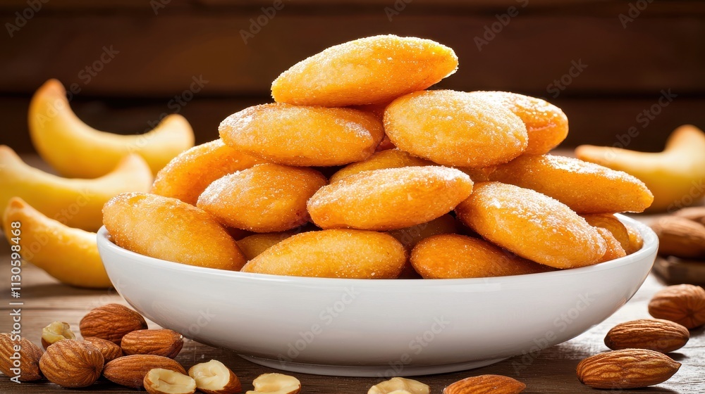 Fototapeta premium Pile of Golden Pastries Stacked on a White Plate Surrounded by Nuts and Fruits Arabic Sweets and Desserts