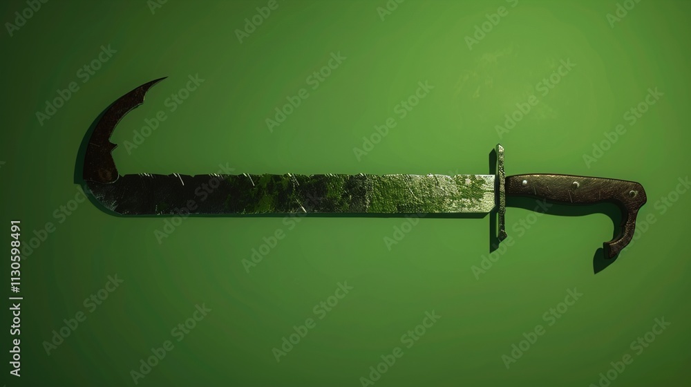 A traditional bow saw with a metal frame on a solid green background.