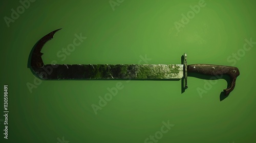 Obraz na płótnie A traditional bow saw with a metal frame on a solid green background. w salonie