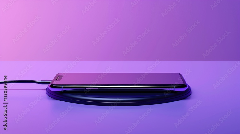 A wireless charging pad with a smartphone placed on it on a solid purple background.