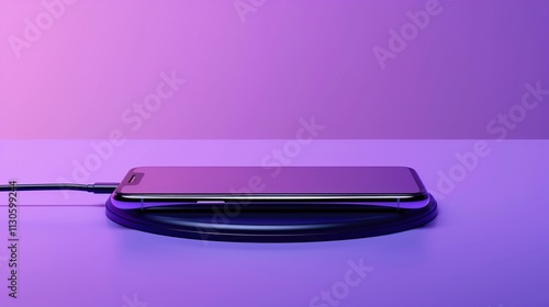 Obraz na płótnie A wireless charging pad with a smartphone placed on it on a solid purple background. w salonie