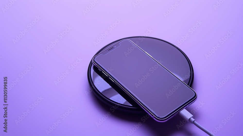 A wireless charging pad with a smartphone placed on it on a solid purple background.