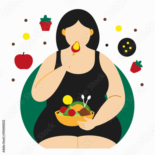A plus-size woman enjoys a healthy salad, promoting body positivity, self-care and sensible eating.Vector flat color illustration for healthy lifestyle blogs and websites