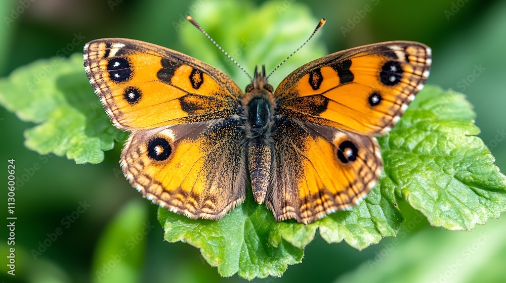 Obraz premium Orange butterfly with dark spots perched on a green leaf.