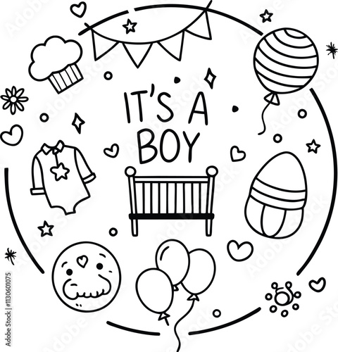 A charming boy baby shower design featuring blue decorations and playful elements celebrating the upcoming arrival of a baby boy.