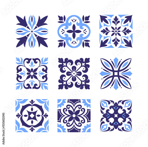 Set of antique tile patterns. Vintage floral ornate ornaments in baroque style. Traditional blue azulejo designs with plant silhouettes. Flat vector illustration collection isolated on background
