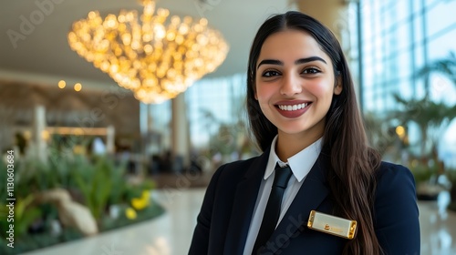 A portrait of an elegant female Indian hotel staff member in uniform, smiling warmly at the camera with her hands crossed on her chest, standing against the backdrop of a luxury lobby.