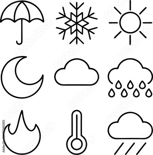 Weather Icons Sun, Rain, Snow, Cloud, Moon, Umbrella, Fire, Temperature